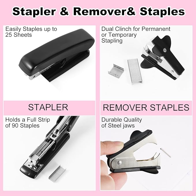 Gawsey Black Desk Organizers and Accessories Set with 360-Degree Rotating Pen Holder, Tape Dispenser, Stapler, Staple Remover, 1000 Staples, Tape, Clips Set, Ruler, Scissor, Pen