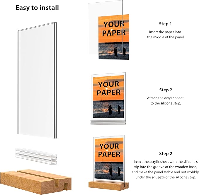 Acrylic Sign Holder with Wood Base 8.5x11 Inch Vertical and Slant Displays (5 Pack 8.5*11")