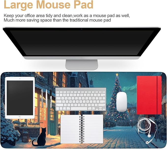 Large Extended Gaming Mouse Pad - Winter Christmas Night Scene, Soft Fabric Desk Mat with Non-Slip Rubber Base, Extra Long Mousepad for Gaming, Office, Keyboard & Mouse, 35.43 x 15.75 in