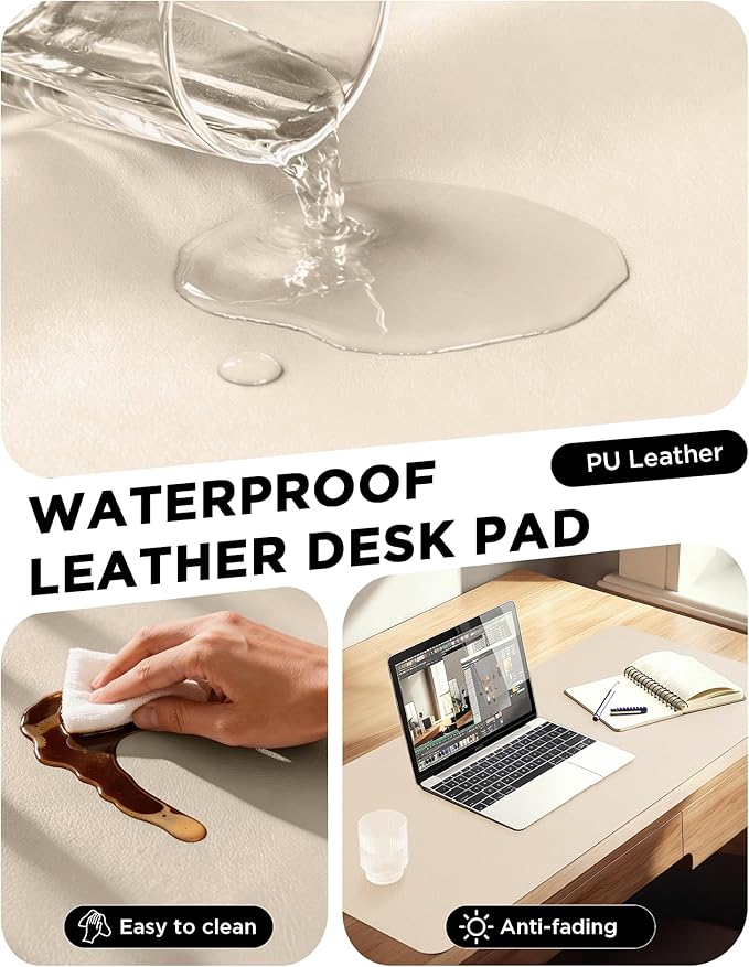 YSAGi 35.4" x 17" Large PU Leather Desk Mat for Keyboard and Mouse - Waterproof Non-Slip Desk Pad Protector for Office, Home, Writing Desk, Beige,