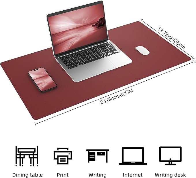 AFIING Cork Desk Mat 23.6 x 13.7, Dual-Sided Cork & PU Leather Desk Pad, Waterproof Non-Slip Desk Protector for Home Office, Study Desk & Minimalist Workspace Coffee Red