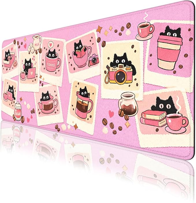 Black Cat Gaming Mouse Pad Cute Coffee Art Large Gaming Mouse Mat with Stitched Edges,Non-Slip Waterproof Rubber Base Mous Mat Office Computer Keyboard Laptop 31.5"x11.8"