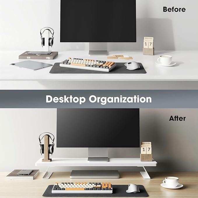 Fenge Monitor Stand Riser, Desk Top Shelf for 2 Monitors, Computer Stands for Desk, Wood & Steel Desktop Riser for Laptop, PC, Printer