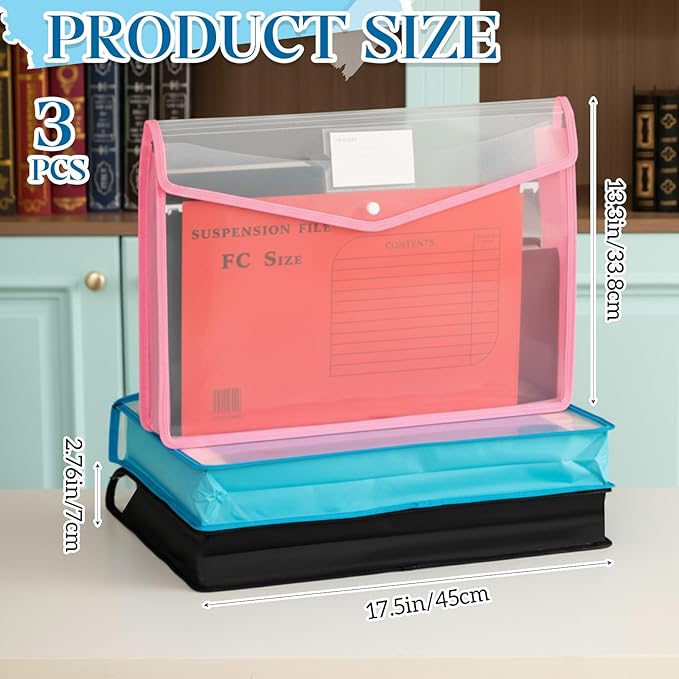 AmazingSpark 3 Pcs 11 x 17 Inch Expandable Tabloid Size Document Folder Organizers with Snap Closure & Label, Clear Plastic Expanding File Folder for A3 Ledger Size Plots Charts (Mix Colored)