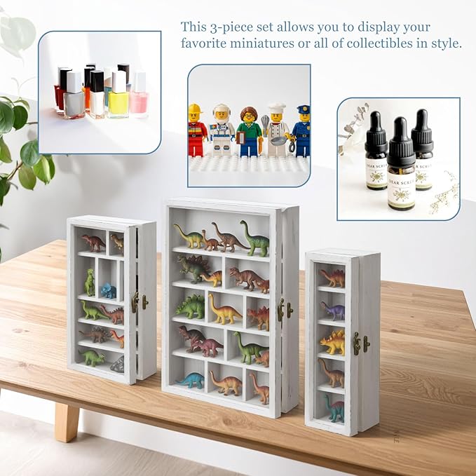 Ikee Design 3 Pcs Set Wall-Mounted Wooden Shadow Cubby Box Display Shelf with 24 Compartments with Door Storage Display Case for Collectibles, Trinkets, Mini Figures, Antique White