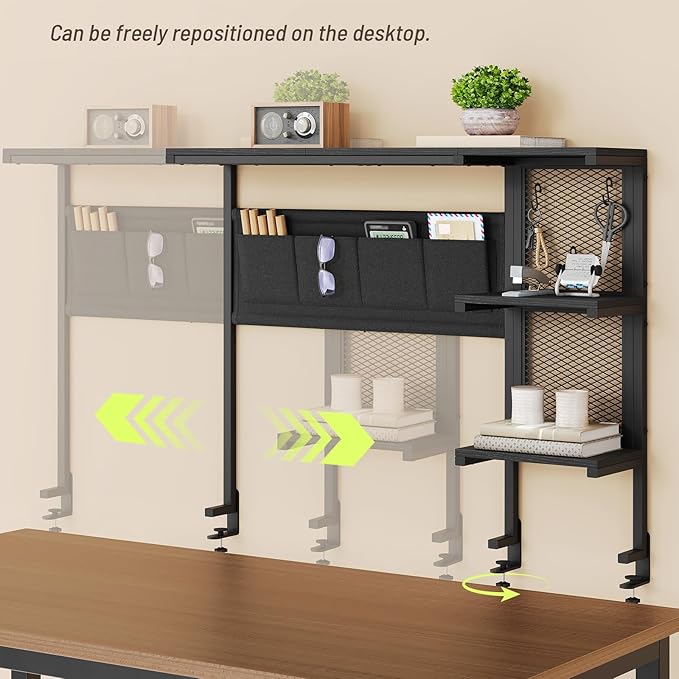 Clamp On Desk Shelf, 3-Tier Above Desk Extender with Pegboard & Hooks, Metal & Wooden Desktop Bookshelf & Organizer, Tabletop Storage Rack for Office Accessories, 38.3" W x 33" H, Black