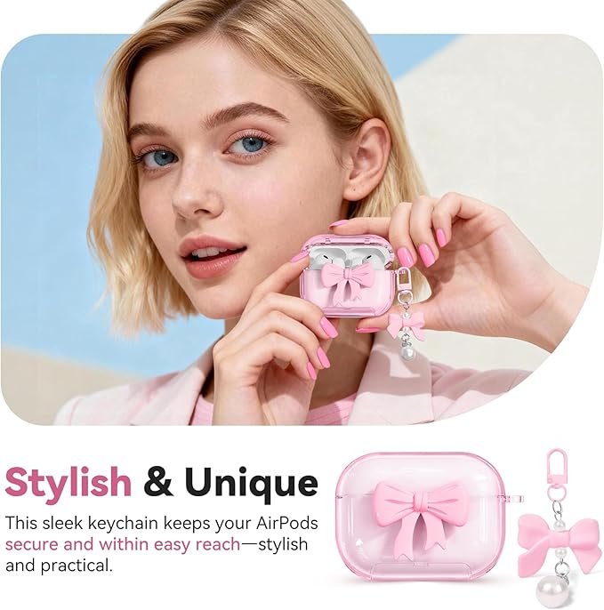 for Airpods Pro 3 Case Pink 2025 with Safety Lock & Phone Stand, 3D Bow Clear iPod Pro 3 Cases with Cute Keychain & Cleaning Kit, Soft TPU Cover for AirPods Pro 3rd Generation Case Girls Women