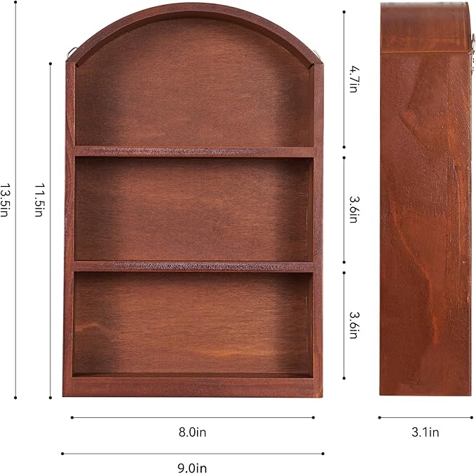 Arched Trinket Shelf, 9" x 13.5" Wooden Display Shelf for Wall or Desk, Vintage Shadow Box with Shelves for Collectibles, Mini Figures, Perfumes & Crystals - Rustic Brown