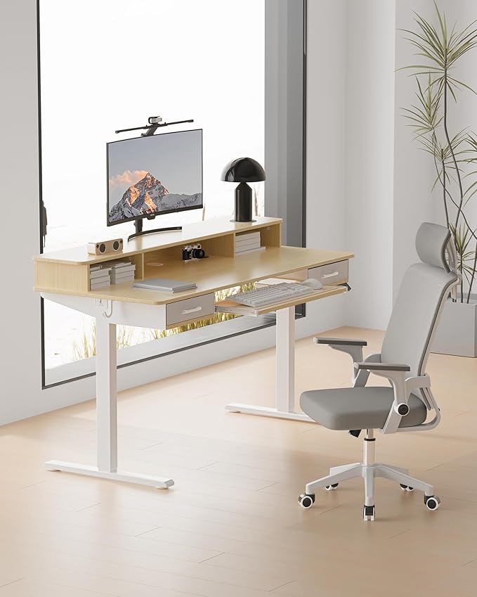 Electric Standing Desk with Keyboard Tray, 63x24 Inches Height Adjustable Stand up Desk with 2 Drawers, Ergonomic Sit to Stand Table with Storage Monitor Stand, Oak