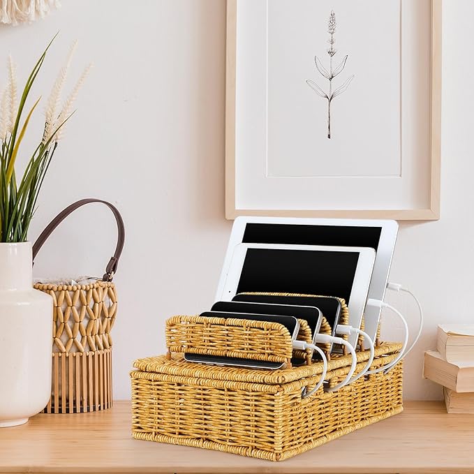 CroBlissful Cable Management Box Handwoven Imitation Rattan Cord Hider Box Charging Station Basket Desktop Cord Organizer with Removable Divider for Laptop Tablet 12.5lx5.9hx7.6w-inch(Rattan Color)