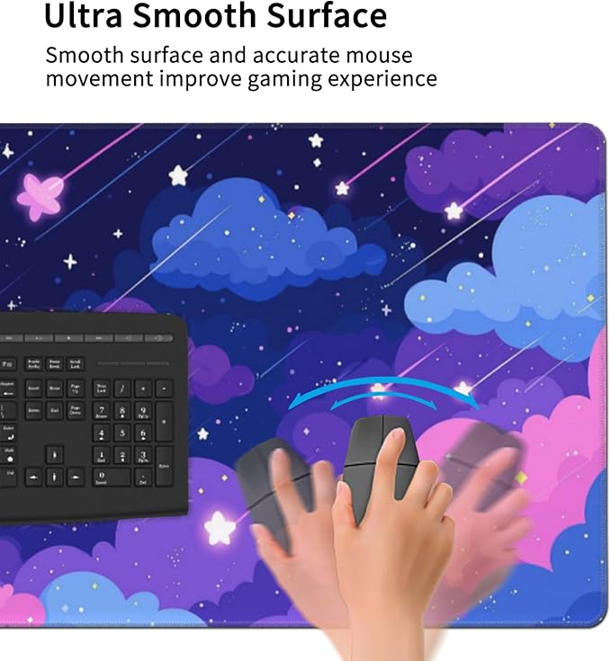 Extra Large Mouse Pad 48x24 Inch, Cute Cartoon Cat Starry Sky Desk Mat with Non-Slip Base, Purple Mousepad for Gaming Office, Soft Keyboard Mat for Full Desk Coverage