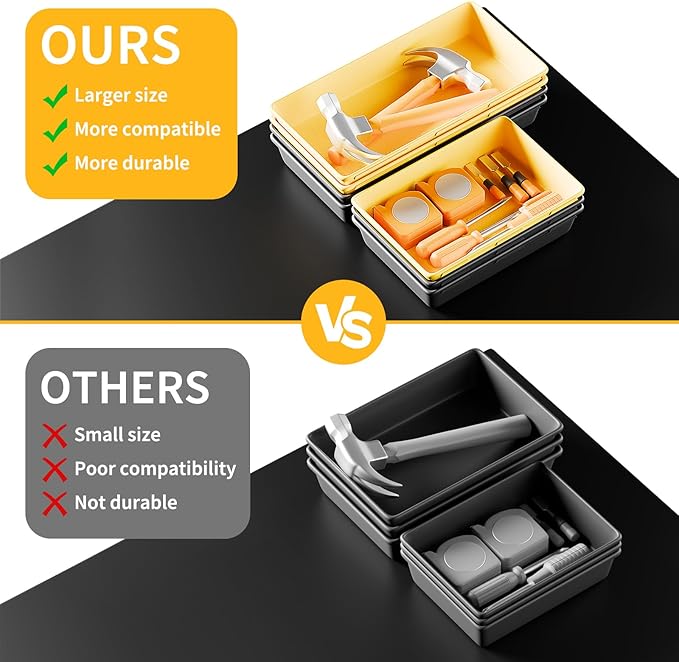 [5 Sizes] [69 PCS] Tool Drawer Organizer, Tool Box Tray, Desk Drawer Tray, Rolling Tool Chest, Toolbox Organzier (Black+Yellow)