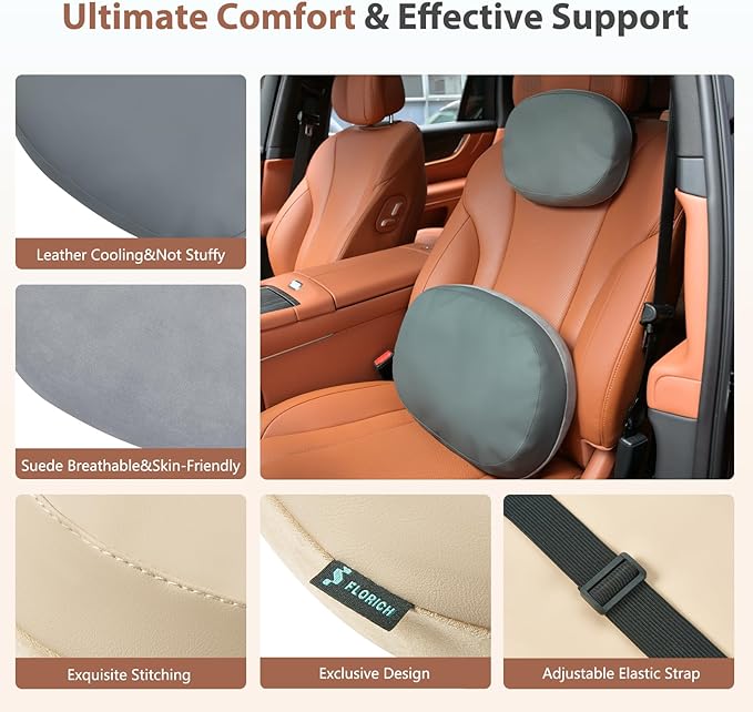 FLORICH Car Headrest and Lumbar Support Pillow for Car Office Chair, Double-Sided Skin-Friendly Suede & Leather Car Seat Pillow and Back Support, Pressure-Relieving Back Support for Car, Office Chair