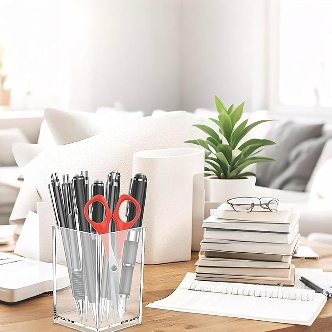 16 Pack Acrylic Pen Holder Set, 8PCS Square Pencil Organizer for Desk + 8PCS Round Clear Makeup Brush Holder, Pencil Cup Pen Organizer for School Office Stationery