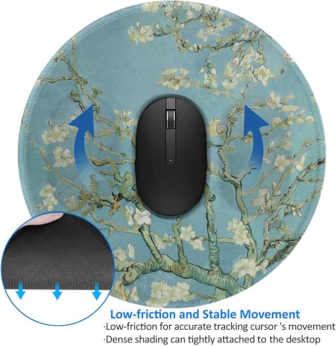 Van Gogh Almond Blossom Round Mouse Pad Premium Textured Mouse Mat Washable Mousepads with Extended Stitched Edges Non Slip Rubber Base Small Mousepad 7.9 * 7.9 * 0.12 Inches
