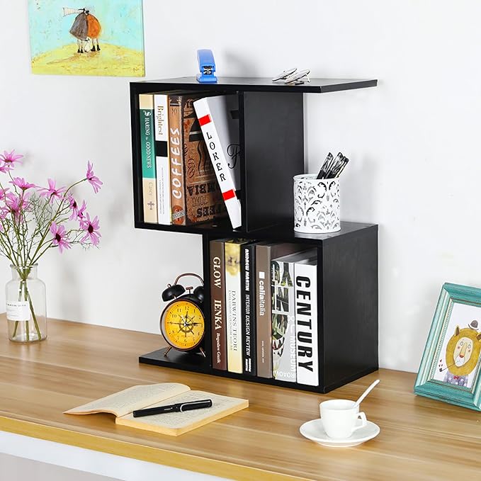 TQVAI 2-Tier Desktop Bookshelf, Freestanding Multipurpose Wood Desk Top Organizer for Books, Office Supplies, Plants, Photo Frames, Small Open Storage Shelves for Office Home Dorm, Black