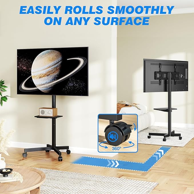 Rolling TV Stand with Shelf for 23-65 inch TVs up to 88lbs, Portable Mobile TV Cart with Silent Wheel, Tilt & Height Adjustable Universal Corner TV Stand for Bedroom, Living Room, Office