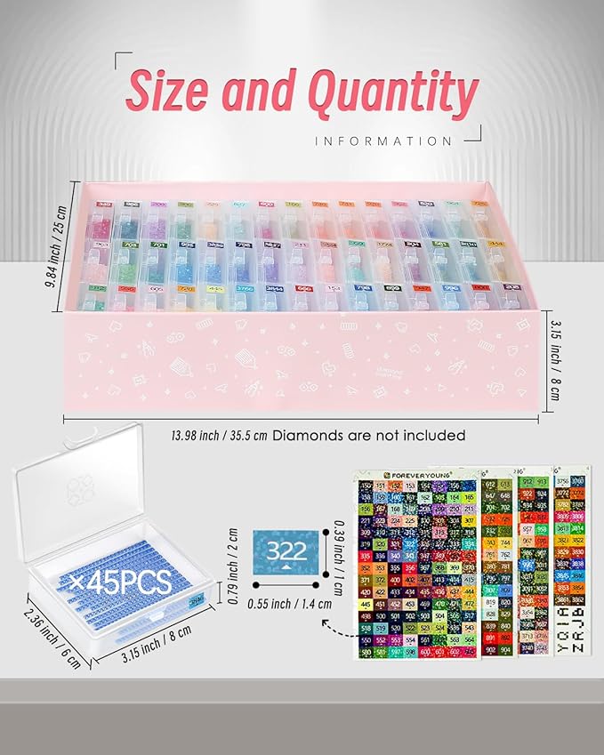 forever young 45pcs Diamond Painting Storage Containers Trays, Diamond Art Accessories Diamond Painting Trays with Lids, 2-in-1 Storage, Bead Storage & Line-Up, Box Package