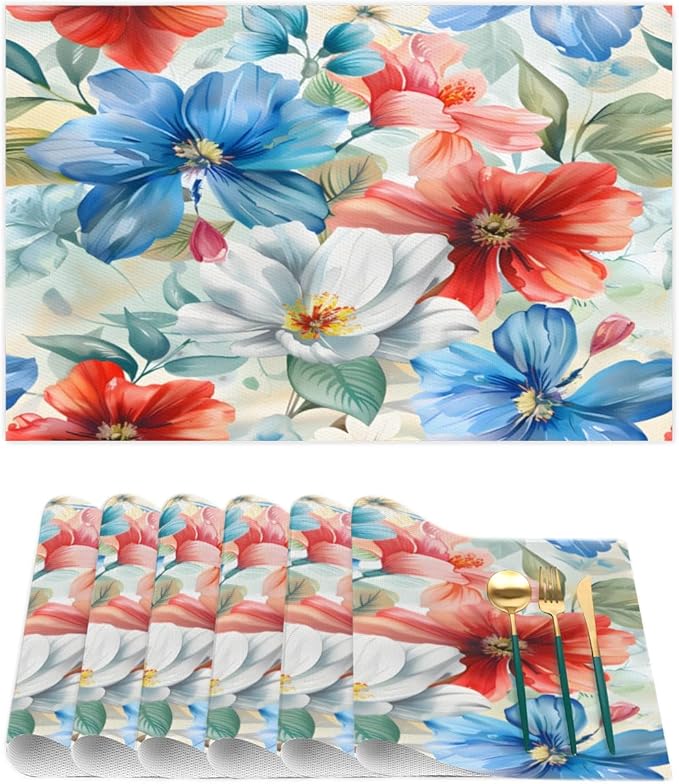 Placemats Set of 4 Heat-Resistant Rectangle Place Mats Floral Flower Colorful Washable Plastic PVC Dining Table Mat Non-Slip Wipeable Woven Vinyl Placemat for Kitchen Patio Table Decor