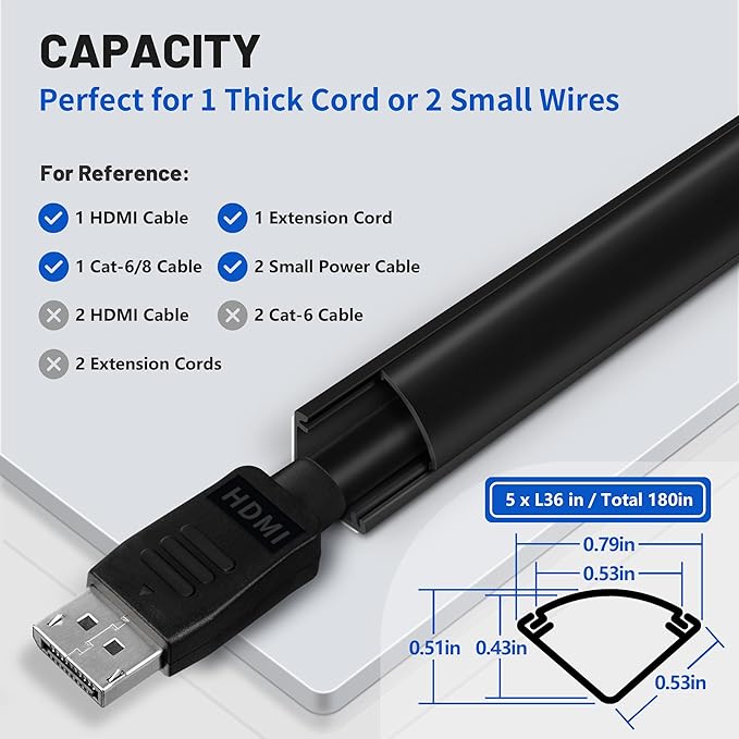 ZhiYo Corner Cable Concealer, Corner Cord Hider for One Cord, 180in (5 x L36in) Wire Covers for Cords, Paintable Cord Cover, Cable Management Channel Raceway for Wall, Floor Baseboard, Ceiling, Black