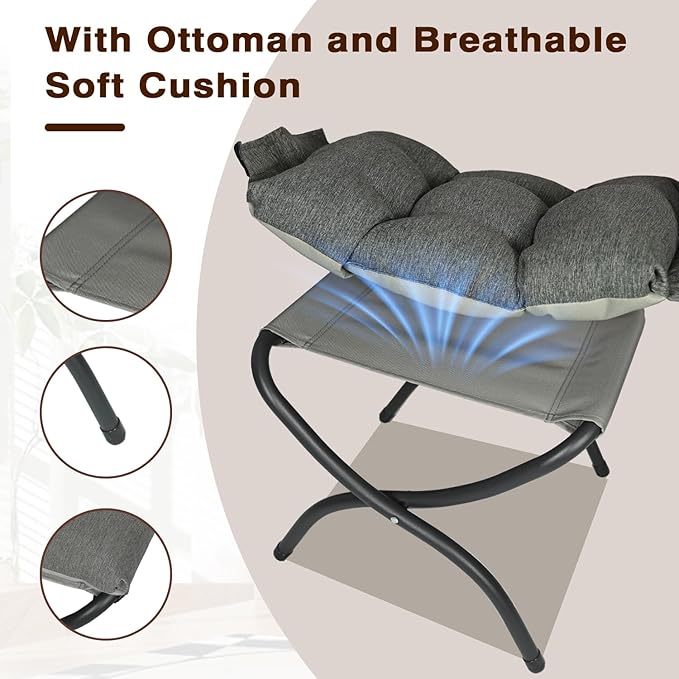 Outdoor Rocking Chair with Ottoman, Patio Glider Rocking Chair with Cushion, Indoor Reading Chair with Foot Rest, Comfy Rattan Lounge Chair with Footstool for Porch, Bedroom, Living Room, Dark Grey