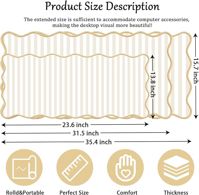 Scalloped Desk Mat Extended Large Cute Striped Mouse Pad Big Desk Pad XXL Aesthetic Stripe Mousepad Gaming Mouse Pad for Keyboard Computer Laptop Home Office Accessories 35.4X15.7Inches Beige