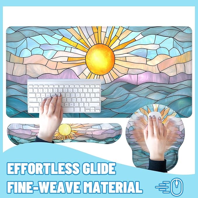 Boho Sun Desk Mat Set Stained Glass Sea Coastal Sunset Large Mouse Pad with Wrist Rest 4in1 Desk Mat for Desktop Ergonomic Computer Desk Arm Wrist Anti-Slip Computer Mouse Pad Home Office Gaming
