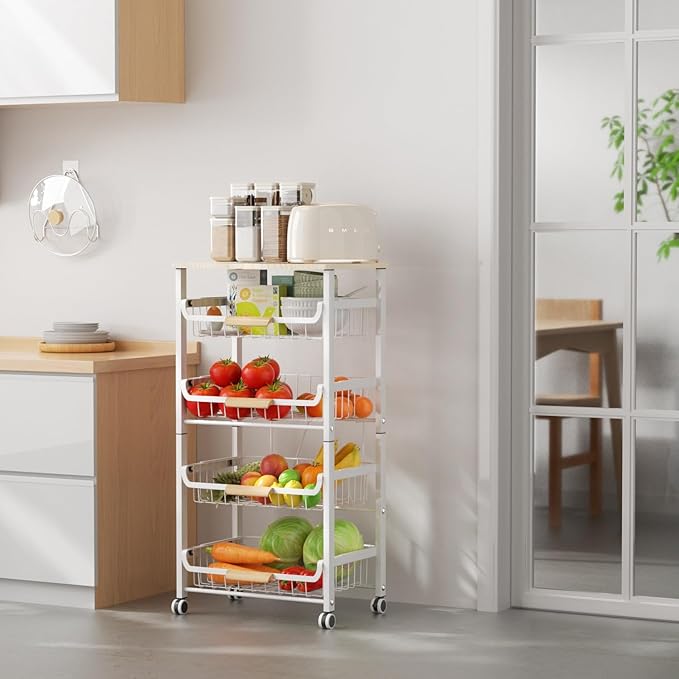 JAQ Vegetable Storage Cart with Wheels, 5-Tier Rolling Cart with Slide-Out Baskets for Onion Potato Storage, Metal Produce Rack Organizer with Wooden Top & Handle for Kitchen Pantry, White