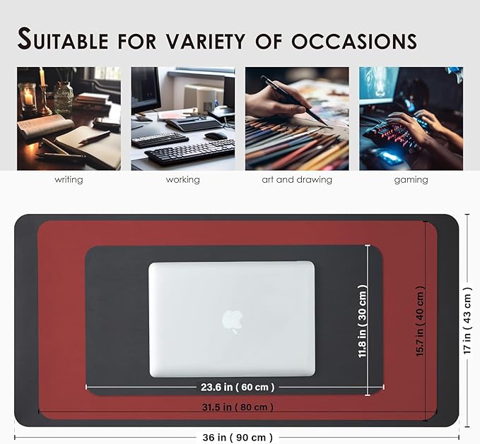 Dual Sided Leather Desk Mat - Waterproof Desk Pad for Office and Home - Desk Organization and Accessories - Ideal for Large Mouse Pad and Desk Mats on Top of Desks(Black+Red,36"x 17")