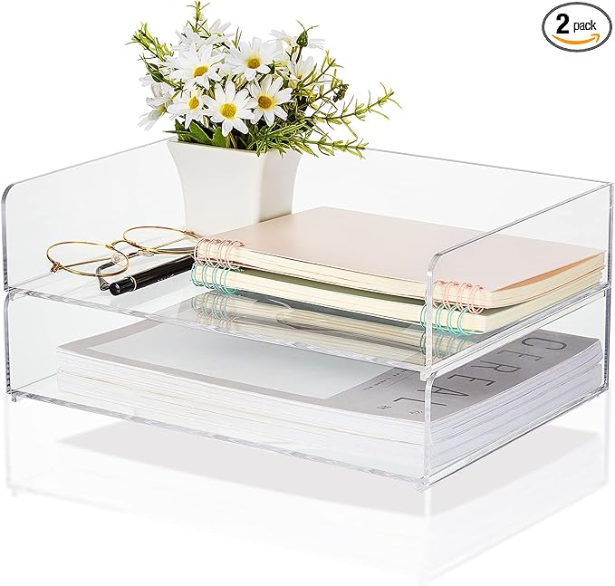 Yulejo 2 Pcs Stackable Acrylic Desk Organizers Paper Tray Storage Tier Accessories Paper File Office Organizer Tray Stackable Document Clear Desk Accessories for Office Workspace Organization