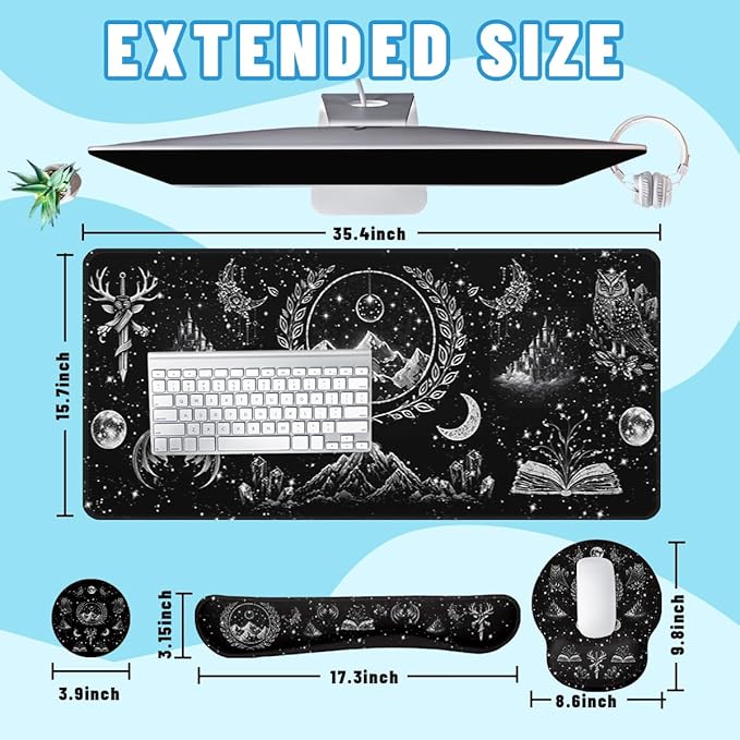 Dark Fantasy Desk Mat Set Magic Gothic Celestial Emblem Large Mouse Pad with Wrist Rest 4in1 Desk Mat for Desktop Ergonomic Computer Desk Arm Wrist Anti-Slip Computer Mouse Pad Home Office Gaming