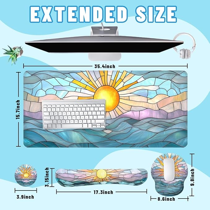 Boho Sun Desk Mat Set Stained Glass Sea Coastal Sunset Large Mouse Pad with Wrist Rest 4in1 Desk Mat for Desktop Ergonomic Computer Desk Arm Wrist Anti-Slip Computer Mouse Pad Home Office Gaming