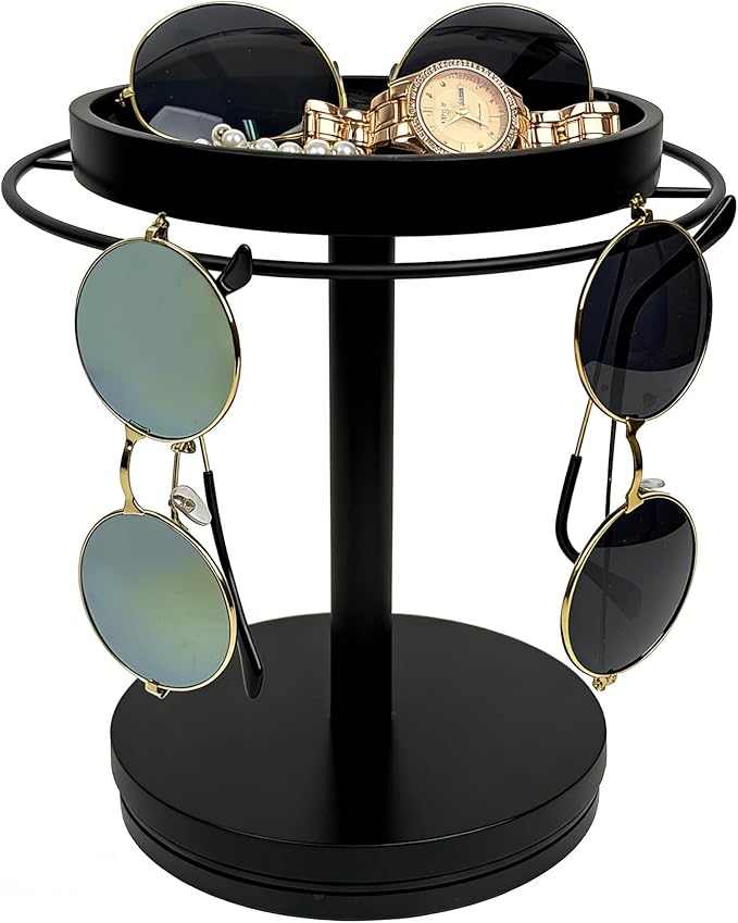 Sunglasses Organizer 360° Rotating Eyeglass Holder Stand with Wood Tray and Base, Eye Glass Display Rack for Multiple Sunglass Storage for Table Dresser Nightstand Desk (Black)