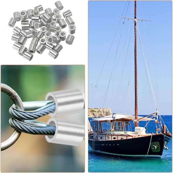 uxcell 3/16"(4mm) Aluminum Crimping Loop Sleeve, Wire Rope Stop Sleeve Round Crimp Ferrules for Wire Rope and Cable Ferrule, Silver 50Pcs