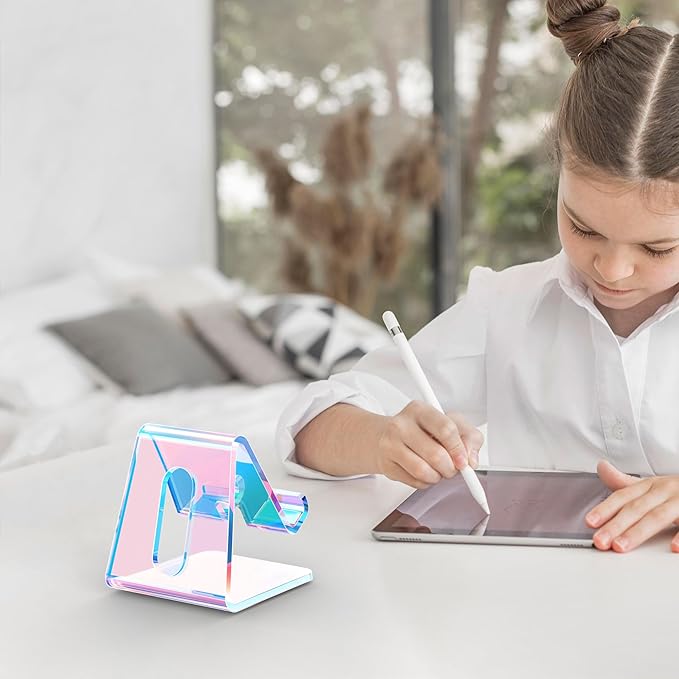 Crpich Acrylic Cell Phone Stand, Portable Phone Holder, Phone Stand for Desk, Compatible with Phone16 15 14 13 12 Pro Max Mini 11, Switch, Android Smartphone, Pad, Tablet, Iridescent Color