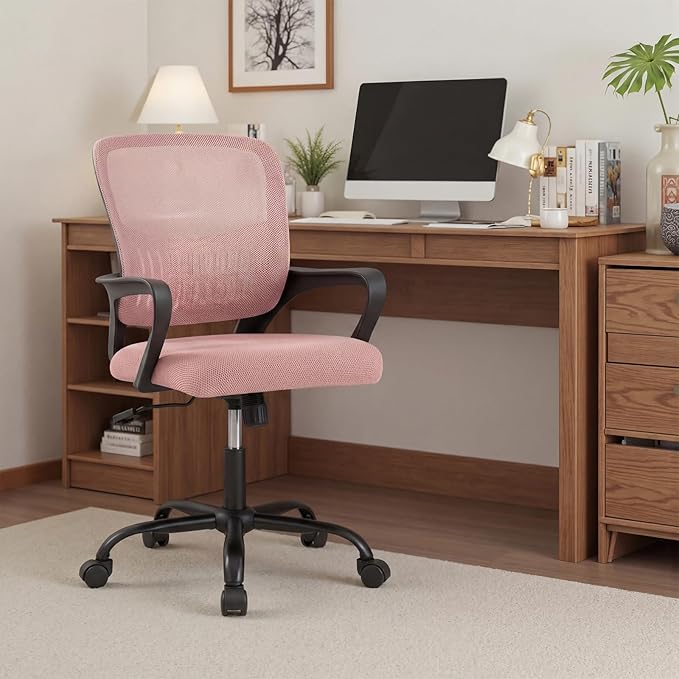 DUMOS Home Office Chair - Ergonomic Mid Back Mesh Desk Chair with Lumbar Support & Rocking Mode, Height Adjustable with Fixed Armrest, for Conference, Computer, 360° Swivel, Adults, Pink