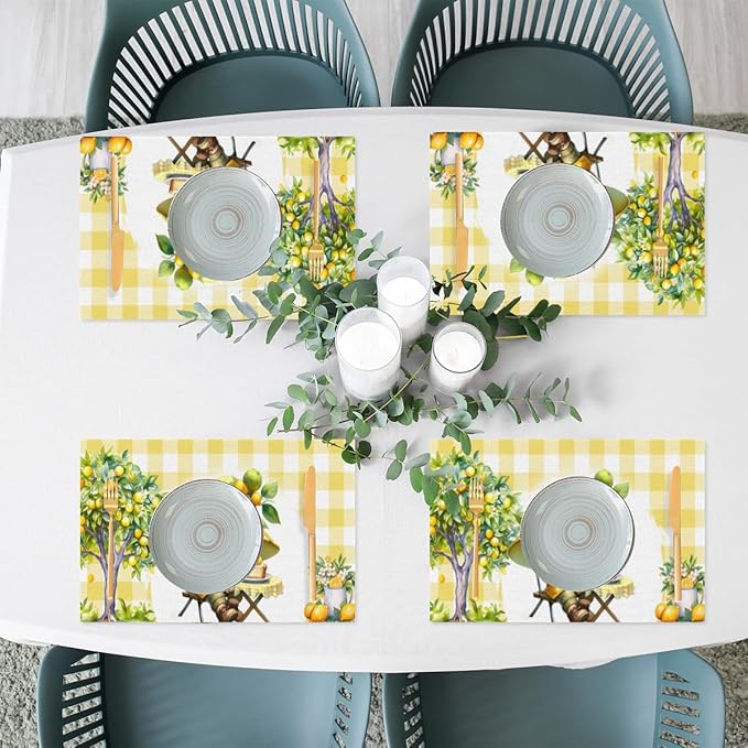 Placemats Set of 4 Heat-Resistant Rectangle Place Mats Yellow Lemon Gnomes Washable Plastic PVC Dining Table Mat Non-Slip Wipeable Woven Vinyl Placemat for Kitchen Patio Table Decor