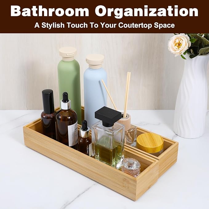 MAQUITA 4 Pack Kitchen Drawer Organizer, Small Silverware Drawer Organizer, Bamboo Utensil Organizer for Bathroom, Dressing Room, Office, Pantry (Natural, 12" x 3" x 2")