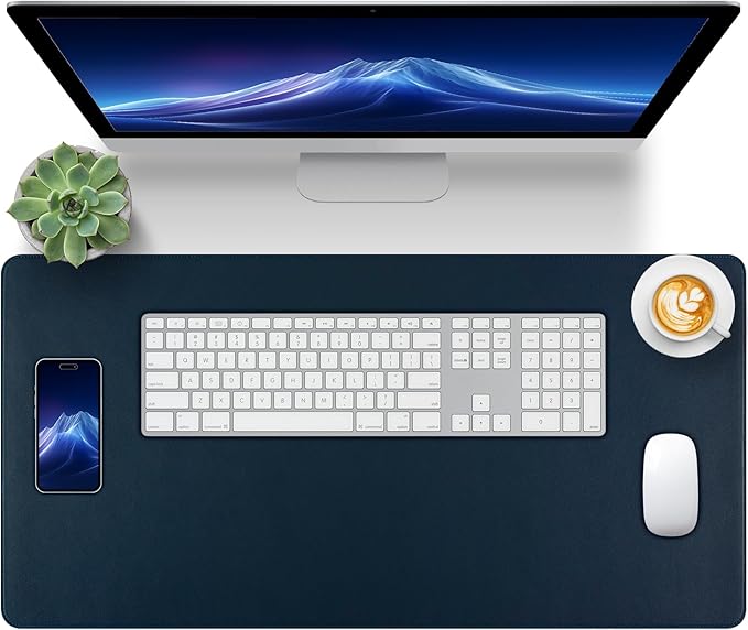 Dark Blue Leather Desk Mat Large Mouse Pad, Waterproof Desk Pad for Keyboard and Mouse, Non-Slip Computer Desk Protector, Smooth Mouse Movement Desk Mat for Home and Office(23.6"×13.8")