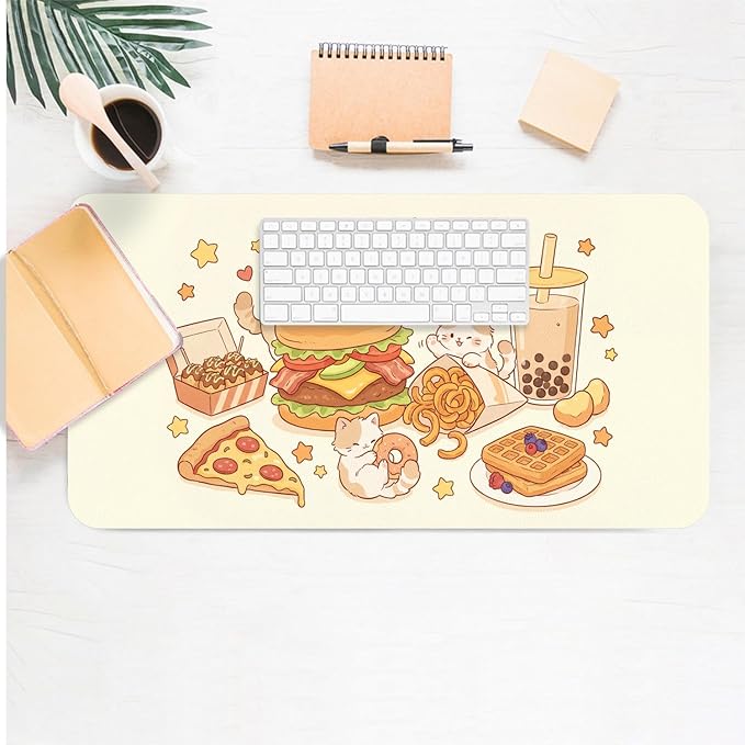 Cute Cat Desk Mat, Kawaii Hamburger Fries Large Mouse Pad for Desktop, PU Leather Waterproof Desk Pad, Anti-Slip Computer PC Laptop Protector Gaming Mouse Pads for Office Home Decorations