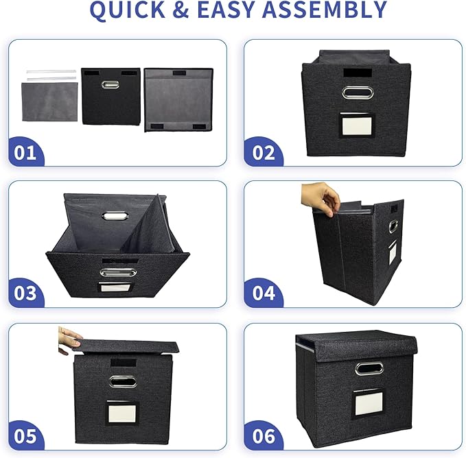 2 Pack Hanging File Folder Box with Lid, Durable Letter Size Filing Storage Box, Sturdy File Holder with Cardboard Support PVC Rails for Office Home Organizer, Black