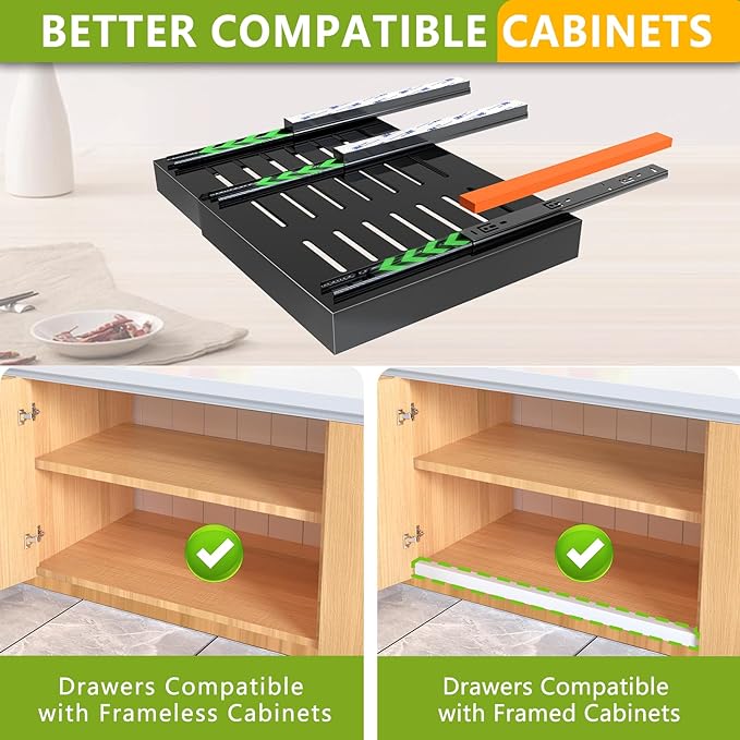 Mlinavn Pull Out Cabinet Organizer 21" Deep Expandable Slide Out Drawer Organizers,No Drill Roll Out Drawers Adhesive with Nano Compatible Framed Cabinets Shelves for Kitchen Pantry Adjustable Width