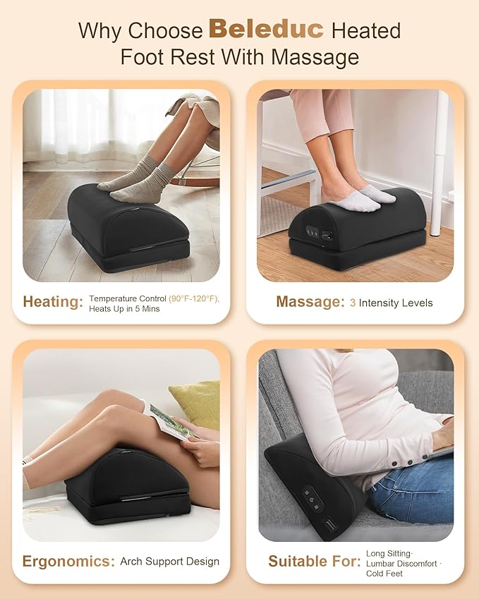 Beleduc Heated Foot Rest Under Desk at Work, Ergonomic Under Desk Foot Stool with Vibration Massage, Memory Foam Footrest, 3 Adjustable Height, Non-Slip, Fathers Day Dad Gifts for Men