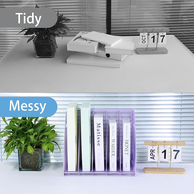 Desk Organizers Metal Magazine File Holder Racks Desktop Folder Storage Binder Organiser Document Organization for Home Office & Classroom,5 Vertical Compartments-Purple