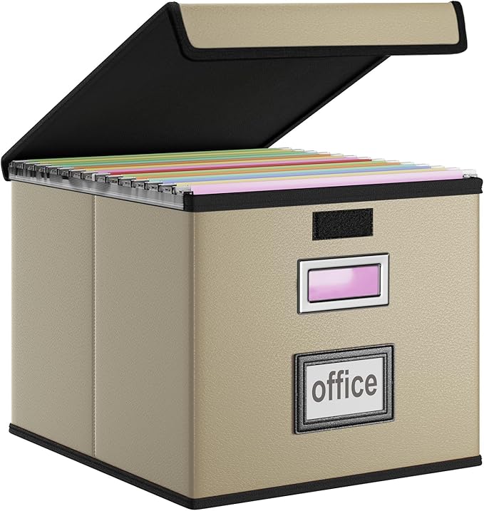 Faux Leather File Organizer Box with Lid, Collapsible Hanging File Folder Box Organizer with Plastic Slides, Decorative Home/Office Filing System Boxes for File and Folder Storage-Khaki