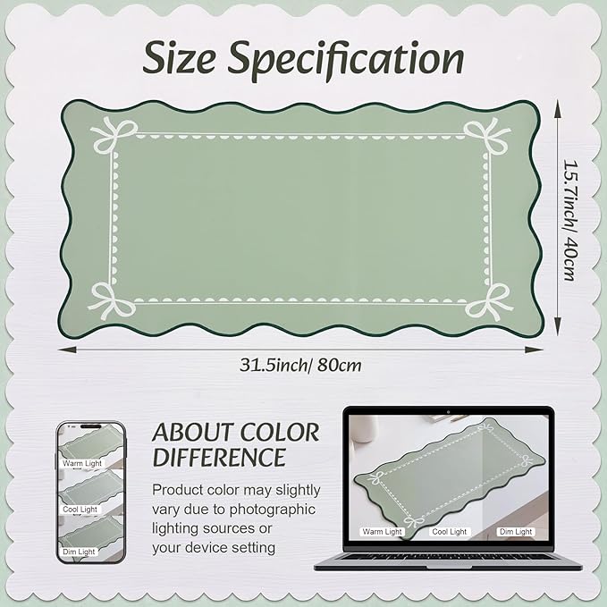 Scalloped Bow Desk Mat Cute Coquette Large Mouse Pad Kawaii Cottagecore ‌Vintage‌ Rustic Keyboard Pad Nonslip 2026 Graduation Gift with Stitching Waterproof Gaming(Sage Green)