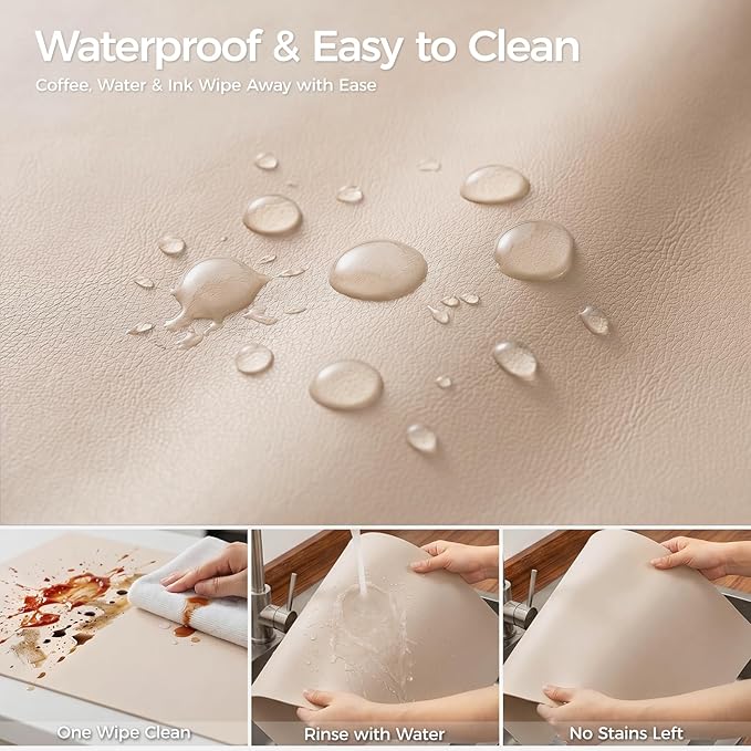1.6mm Thick Leather 12x48 Inch Non-Slip Mat, Waterproof Countertop Protector, Kitchen Appliance Runner/Narrow Console Topper, Warm Beige