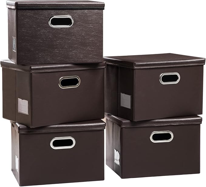 PRANDOM Foldable Storage Bins with Lids [5-Pack] Leather Fabric Collapsible Storage Boxes Organizer Containers Baskets Cube with Cover for Bedroom Closet Office Nursery Brown 14.9x10.8x10