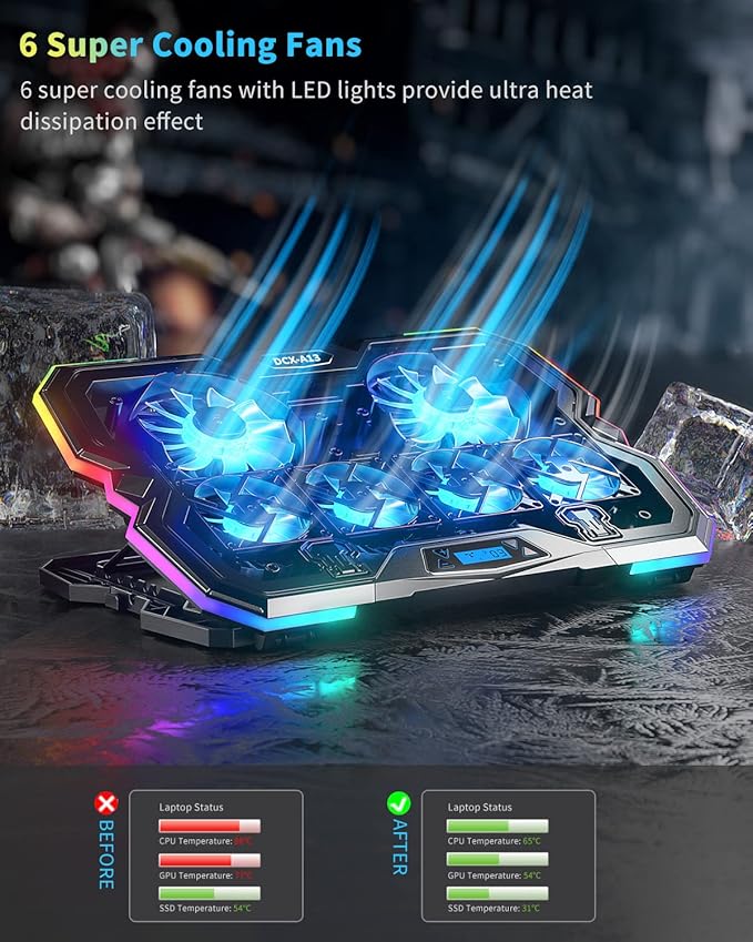 KeiBn Upgrade Laptop Cooling Pad A13,RGB Lights Laptop Cooler 6 Fans for up to 15.6 Inch Laptops,10 Modes Light, 7 Height Stands, 2 USB Ports - Blue