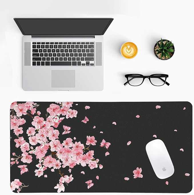 Pink Cherry Blossoms Desk Mat, Classic PU Leather Desk Pad for Women - Large Non-Slip Office Mat for an Elegant Gaming & Home Workspace（31.5 * 15.75in）